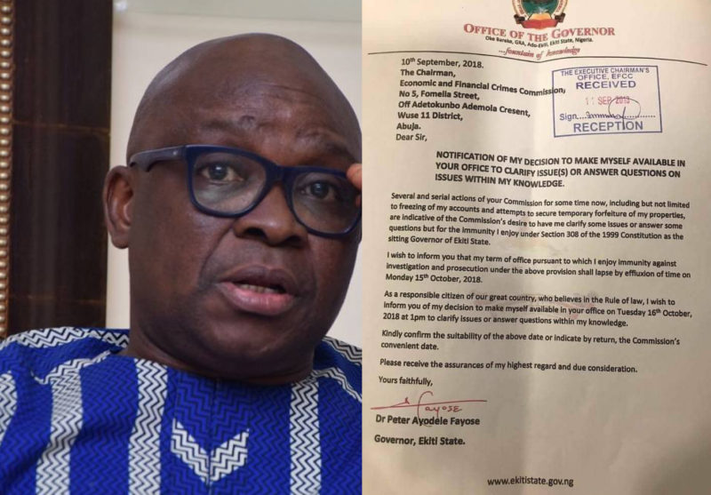 HIS IMMUNITY ENDS! I will submit myself for grilling, investigation on October 16, Fayose writes EFCC