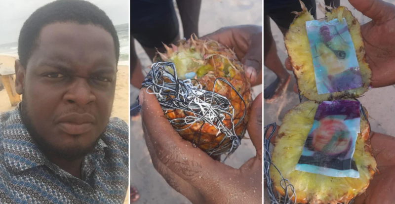 Man discovers bound photos of man and lady inside pineapple washed ashore (photos)